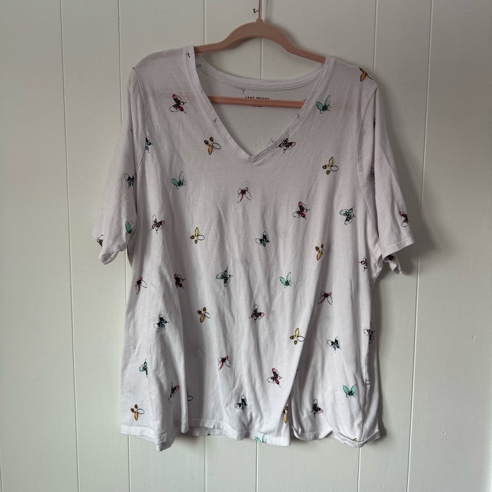 LANE BRYANT White Colorful Butterfly Print Perfect Sleeve Tee